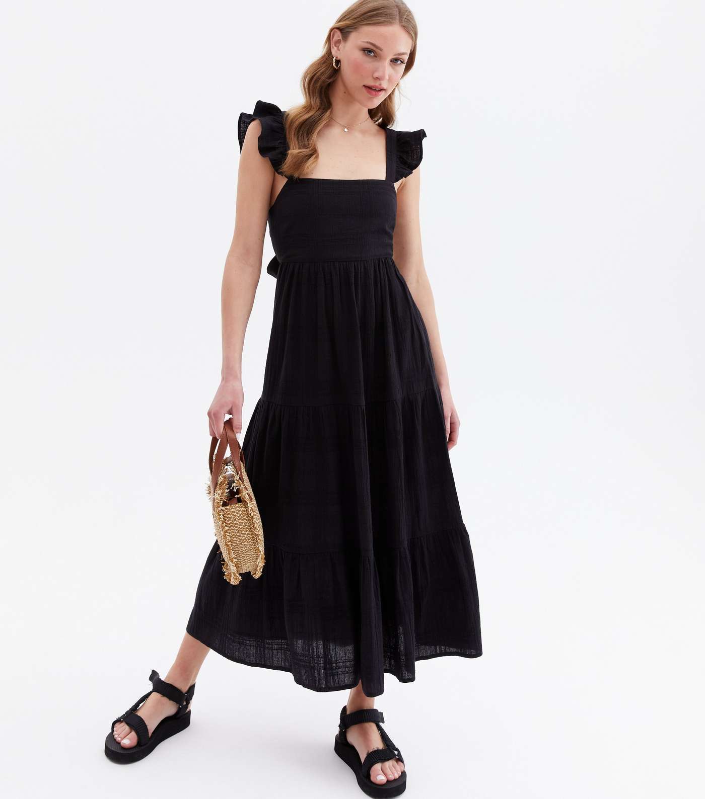 Black Frill Square Neck Tiered Midi Dress Image 2