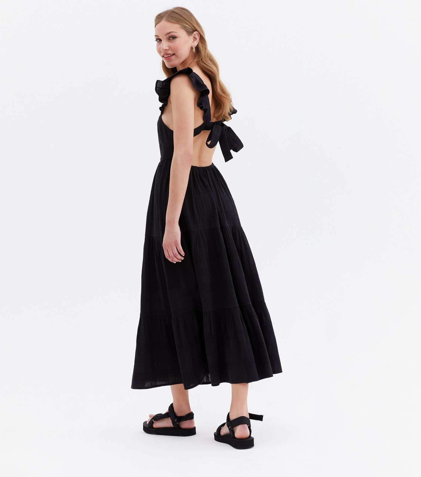 Black Frill Square Neck Tiered Midi Dress Image 4