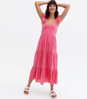 Bright Pink Frill Square Neck Tiered Midi Dress New Look