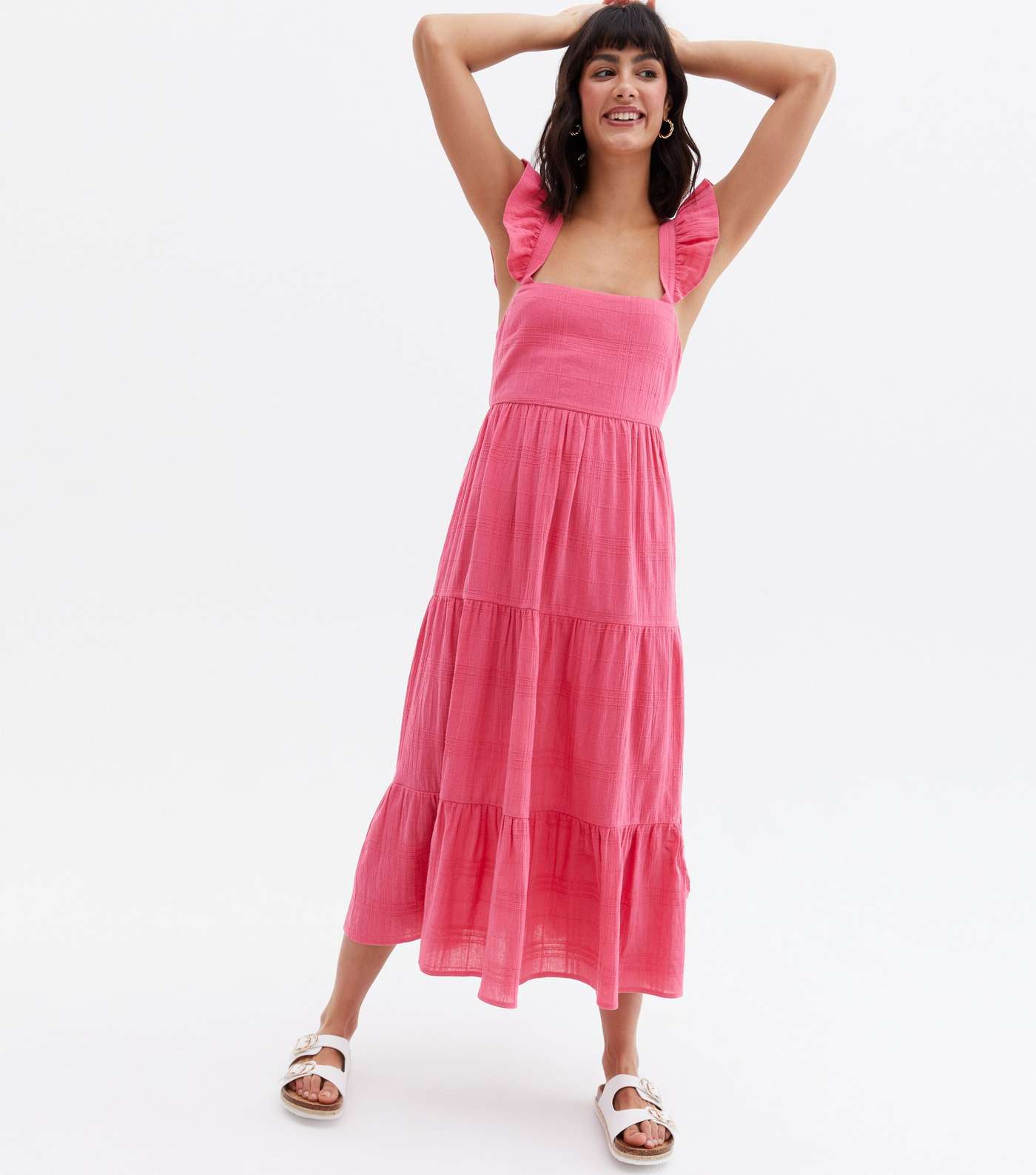 Bright Pink Frill Square Neck Tiered Midi Dress Image 2