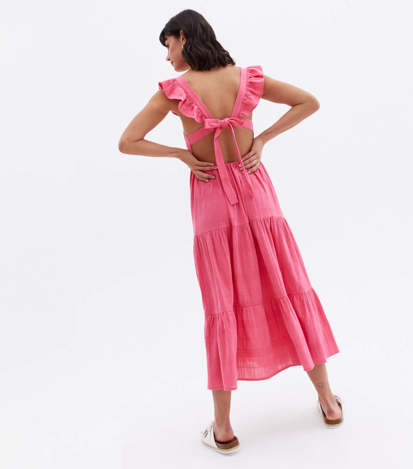 Bright Pink Frill Square Neck Tiered Midi Dress Image 4
