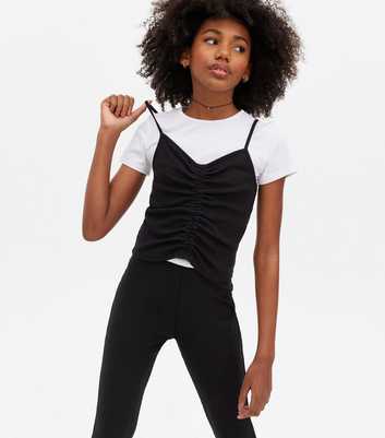 Girls Black 2 in 1 Ruched Cami Top