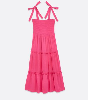 Damen Bekleidung Bright Pink Shirred Tie Strap Tiered Midi Beach Dress Damen Bekleidung Bright Pink Shirred Tie Strap Tiered Midi Beach Dress