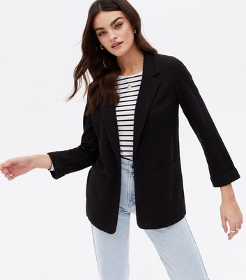 Black Textured 3 4 Sleeve Blazer New Look