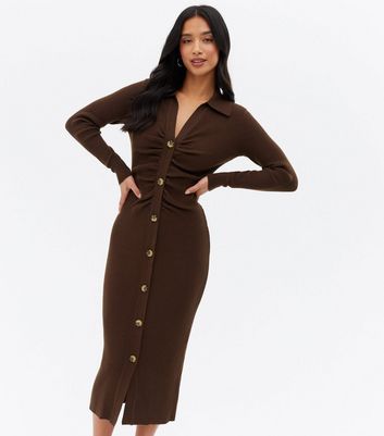 Petite Brown Knit Button Front Collared Midi Dress New Look