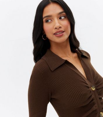 Damen Bekleidung Petite Brown Knit Button Front Collared Midi Dress