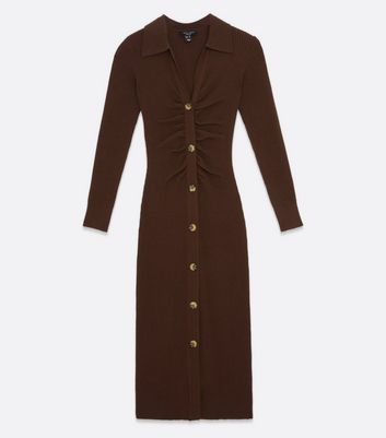 Damen Bekleidung Petite Brown Knit Button Front Collared Midi Dress Damen Bekleidung Petite Brown Knit Button Front Collared Midi Dress