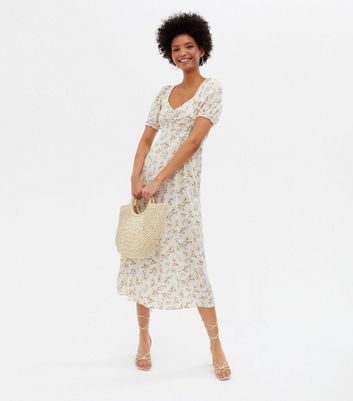White Floral Ruched Puff Sleeve Midi 