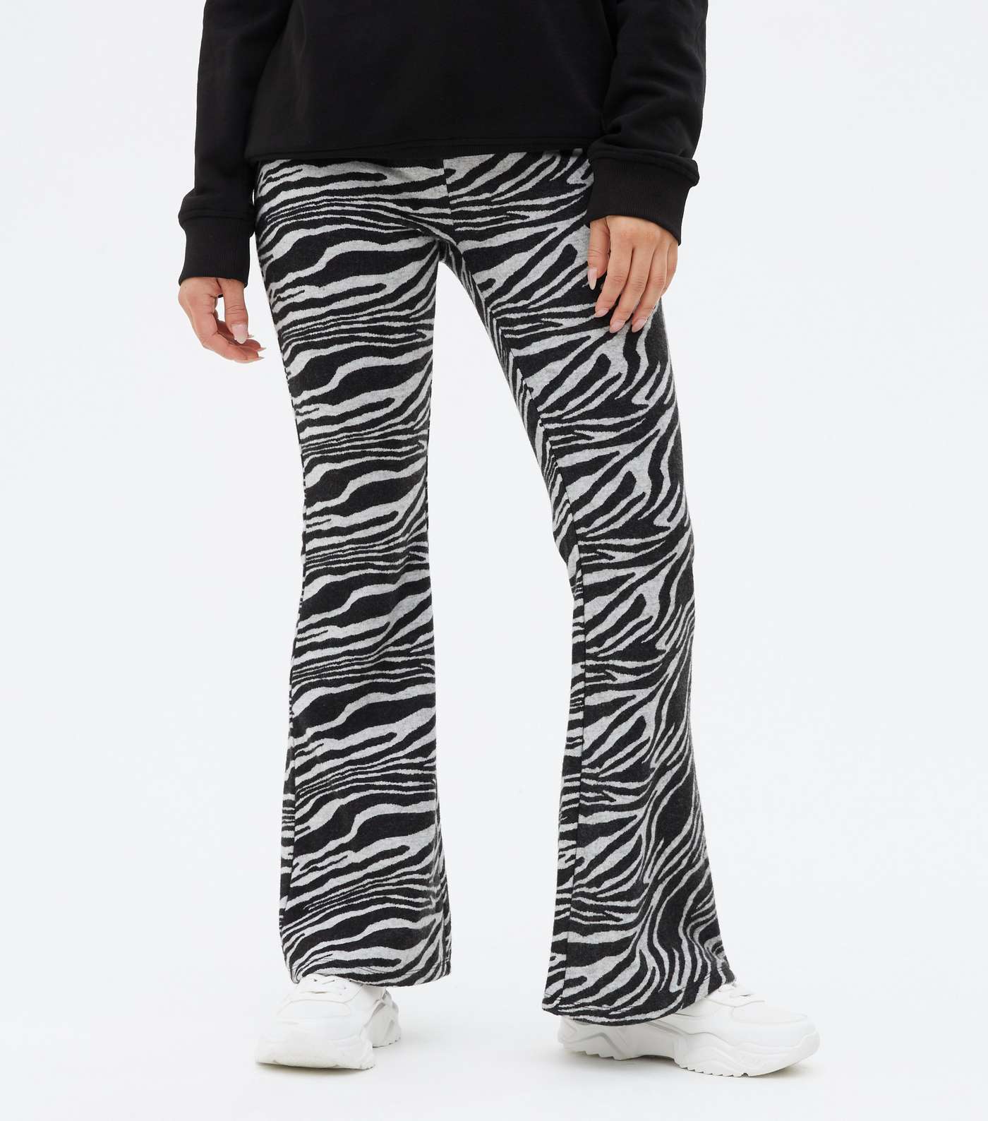 Petite Black Zebra Print Jersey Flared Trousers Image 2