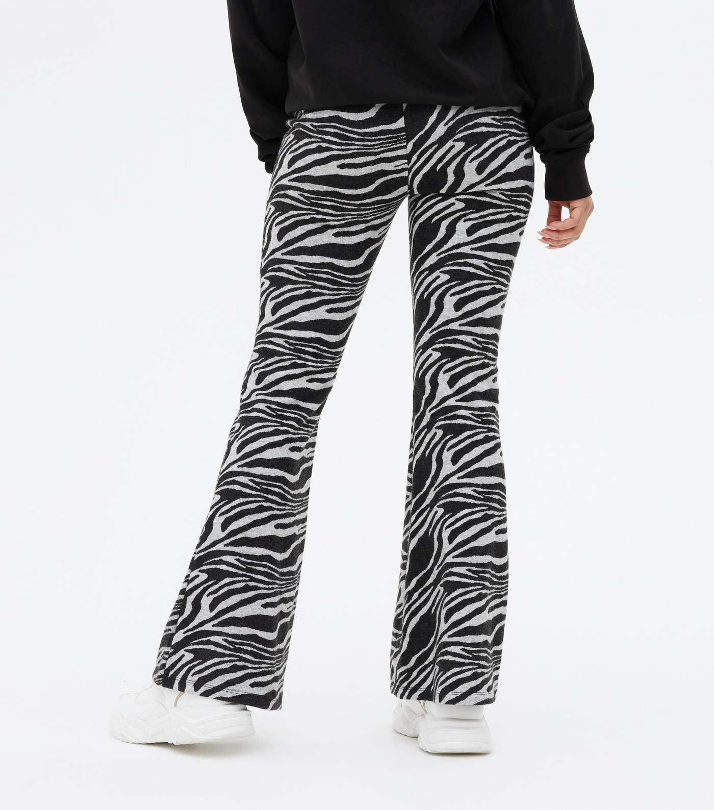 Petite Black Zebra Print Jersey Flared Trousers Image 4