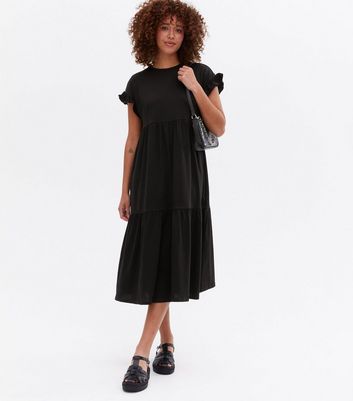 Black Jersey Frill Tiered Midi Smock Dress