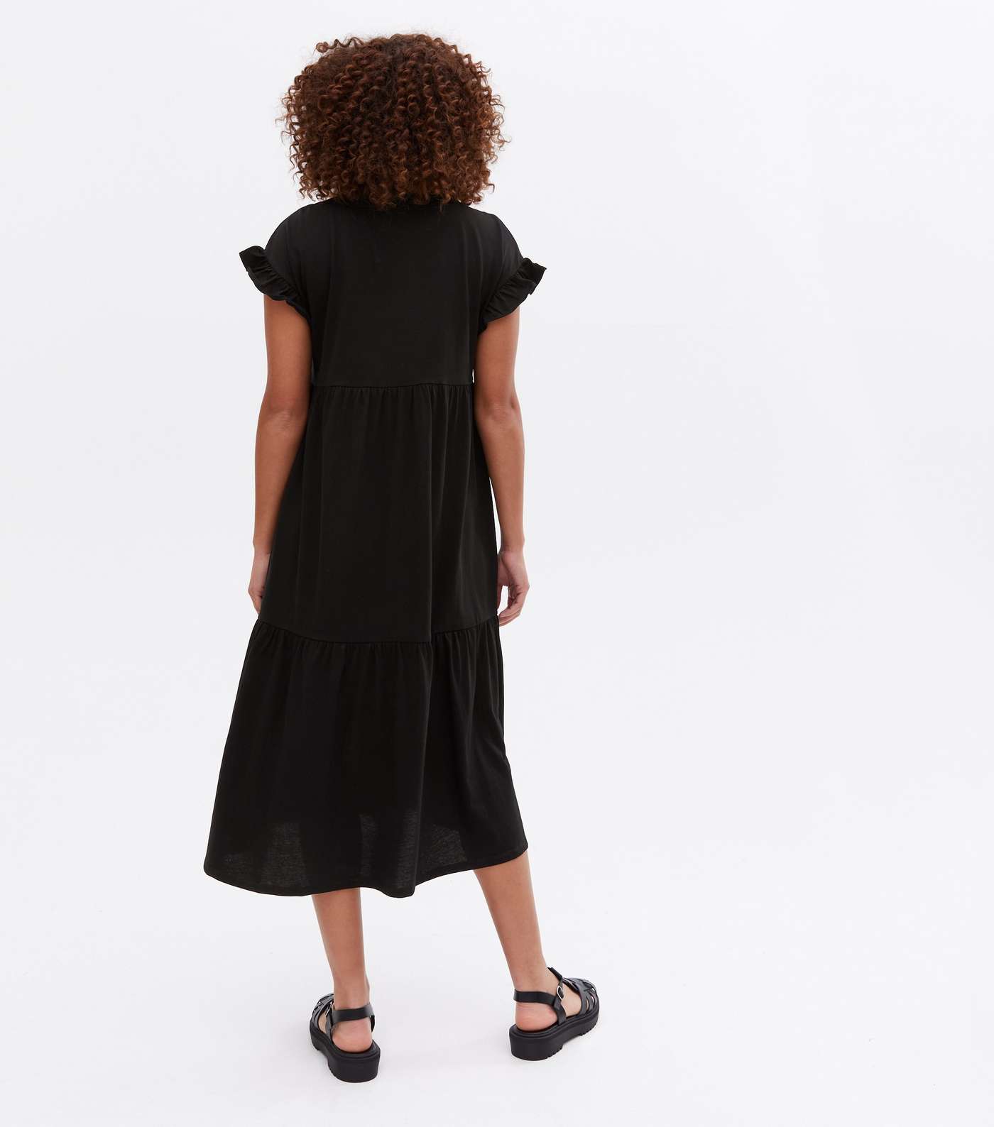 Black Jersey Frill Tiered Midi Smock Dress Image 4