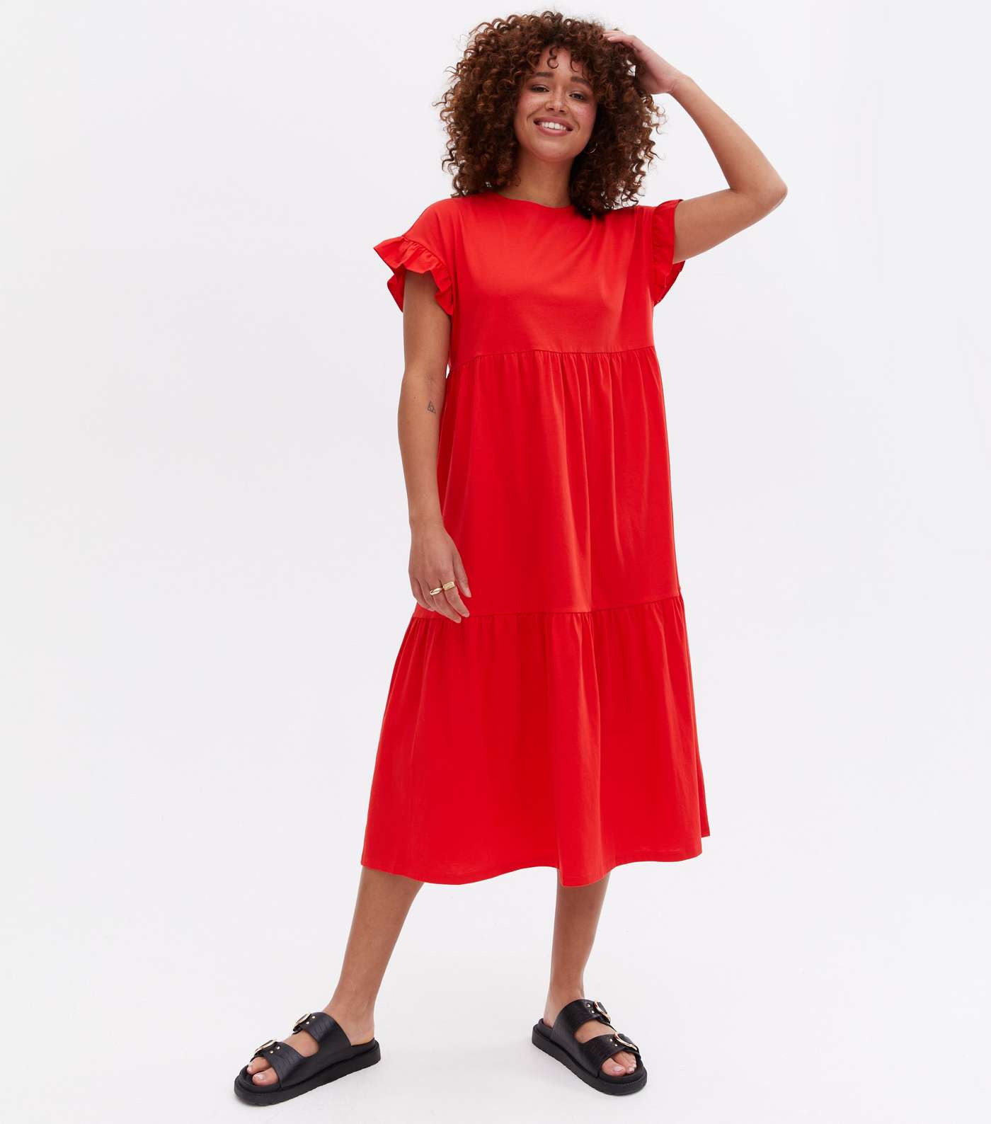 Red Jersey Frill Tiered Midi Smock Dress