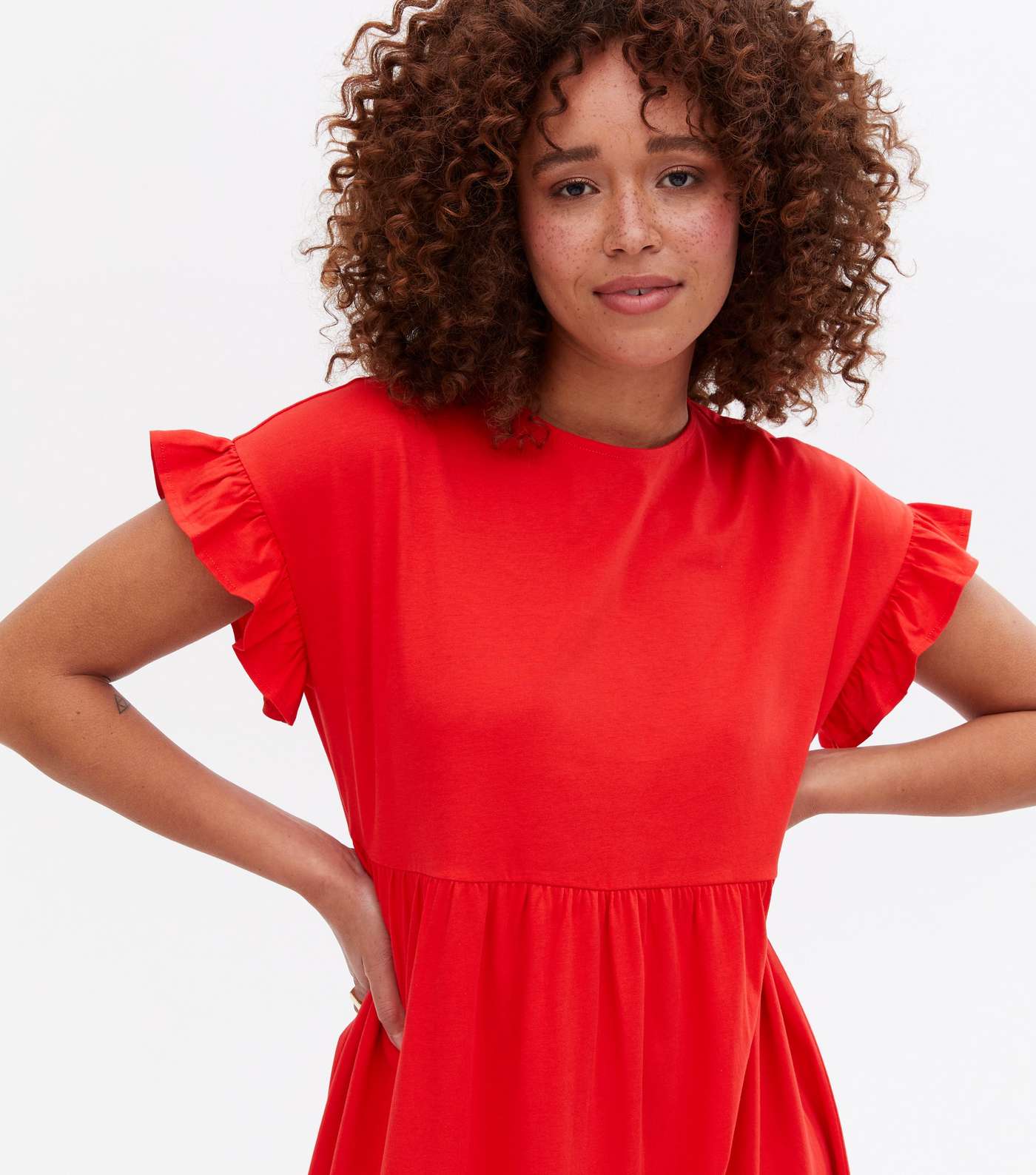 Red Jersey Frill Tiered Midi Smock Dress Image 3