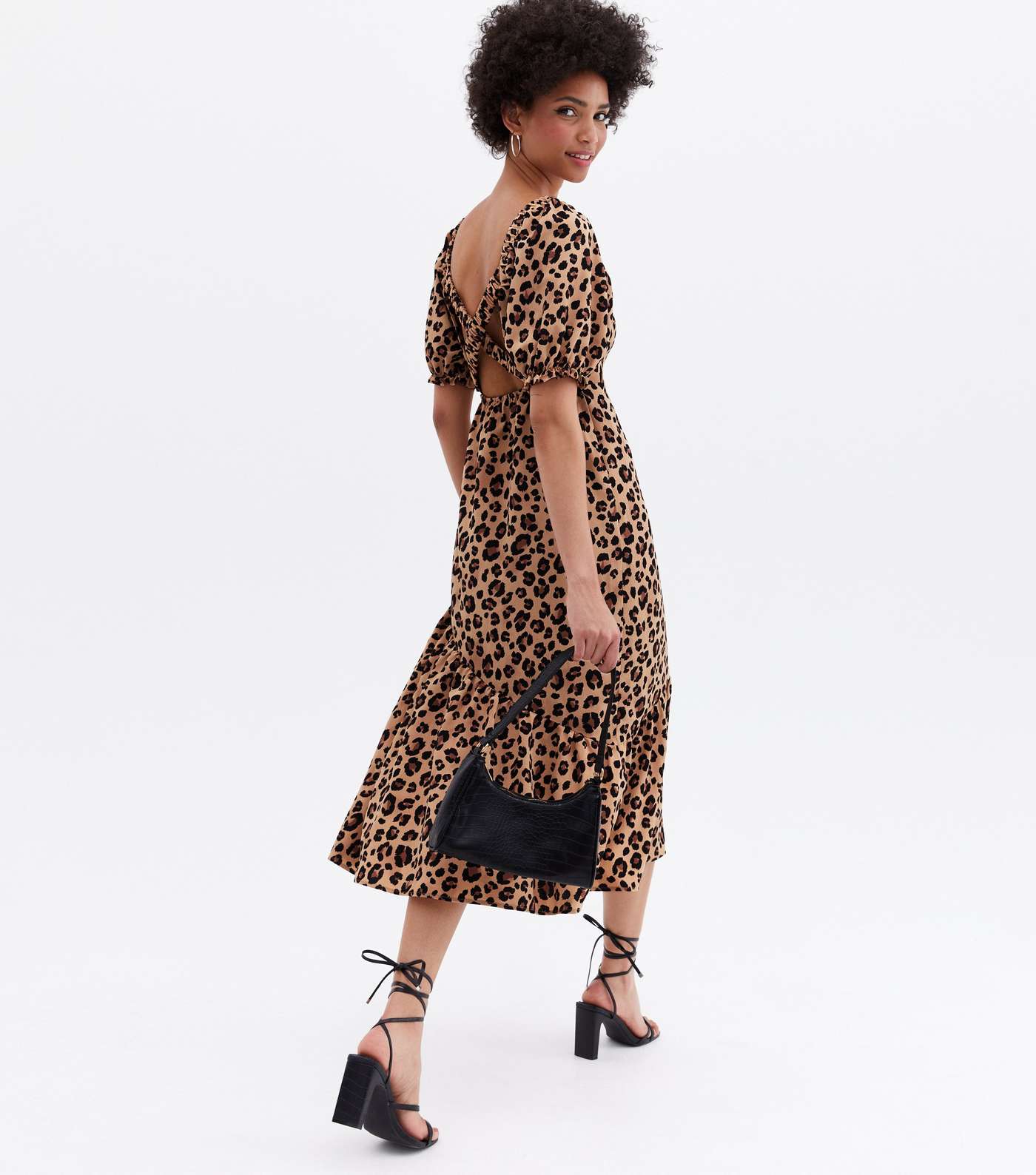 Brown Leopard Print Cross Back Tiered Midi Dress