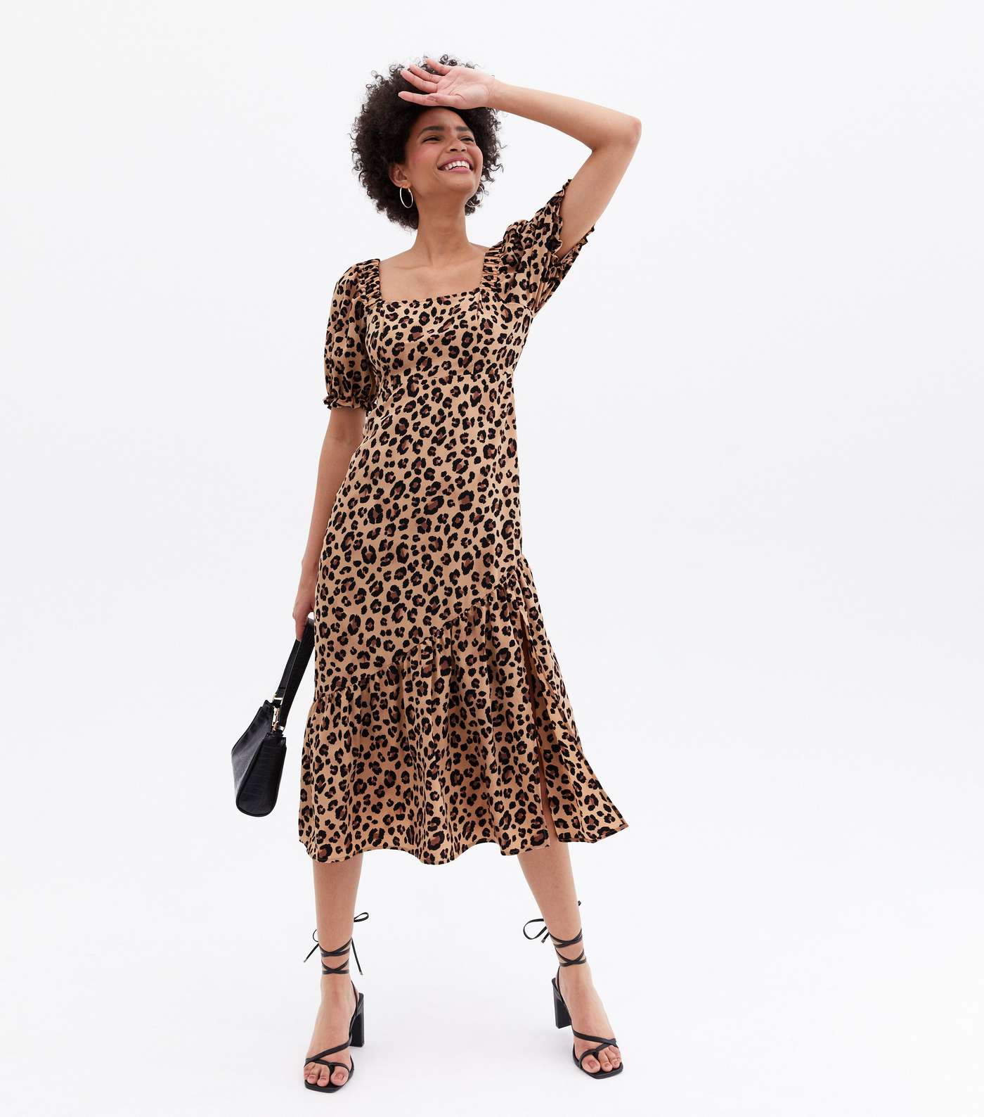Brown Leopard Print Cross Back Tiered Midi Dress Image 3