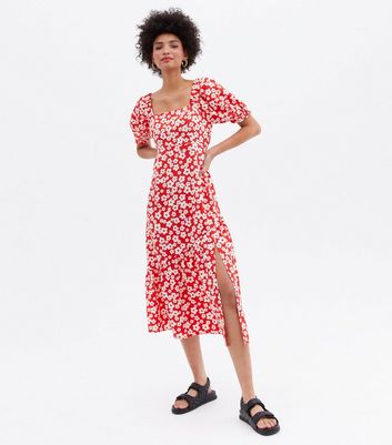 Red Floral Cross Back Tiered Midi Dress | New Look