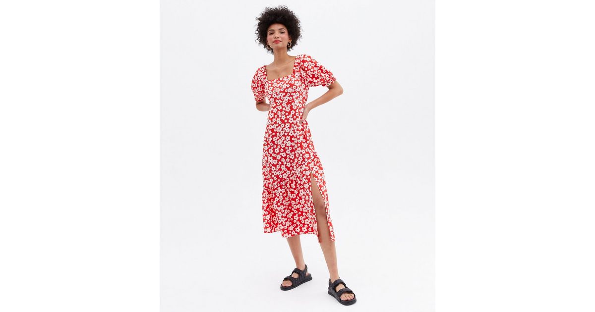 Red Floral Cross Back Tiered Midi Dress | New Look