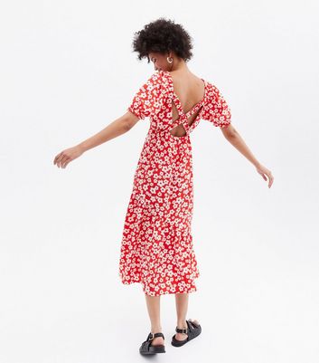 Red Floral Cross Back Tiered Midi Dress New Look