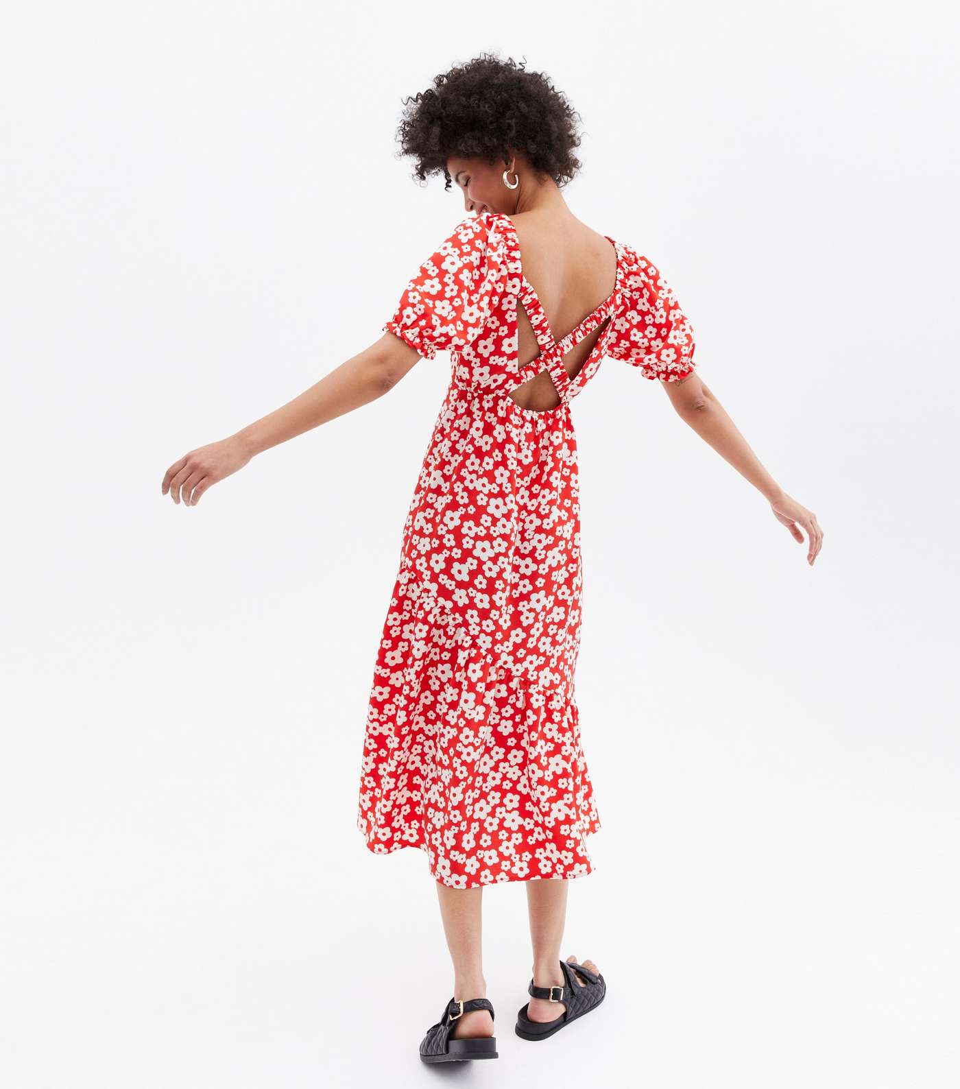 Red Floral Cross Back Tiered Midi Dress Image 2