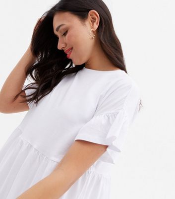 White Frill Crew Neck Mini Smock Dress New Look