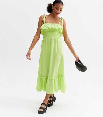 Light Green Linen-Look Shirred Frill Strappy Tiered Midi Dress