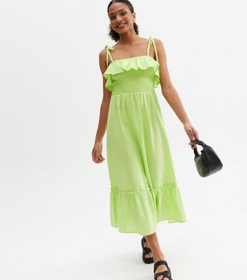 Click to view product details and reviews for Light Green Linen Look Shirred Frill Strappy Tiered Midi Dress New Look.