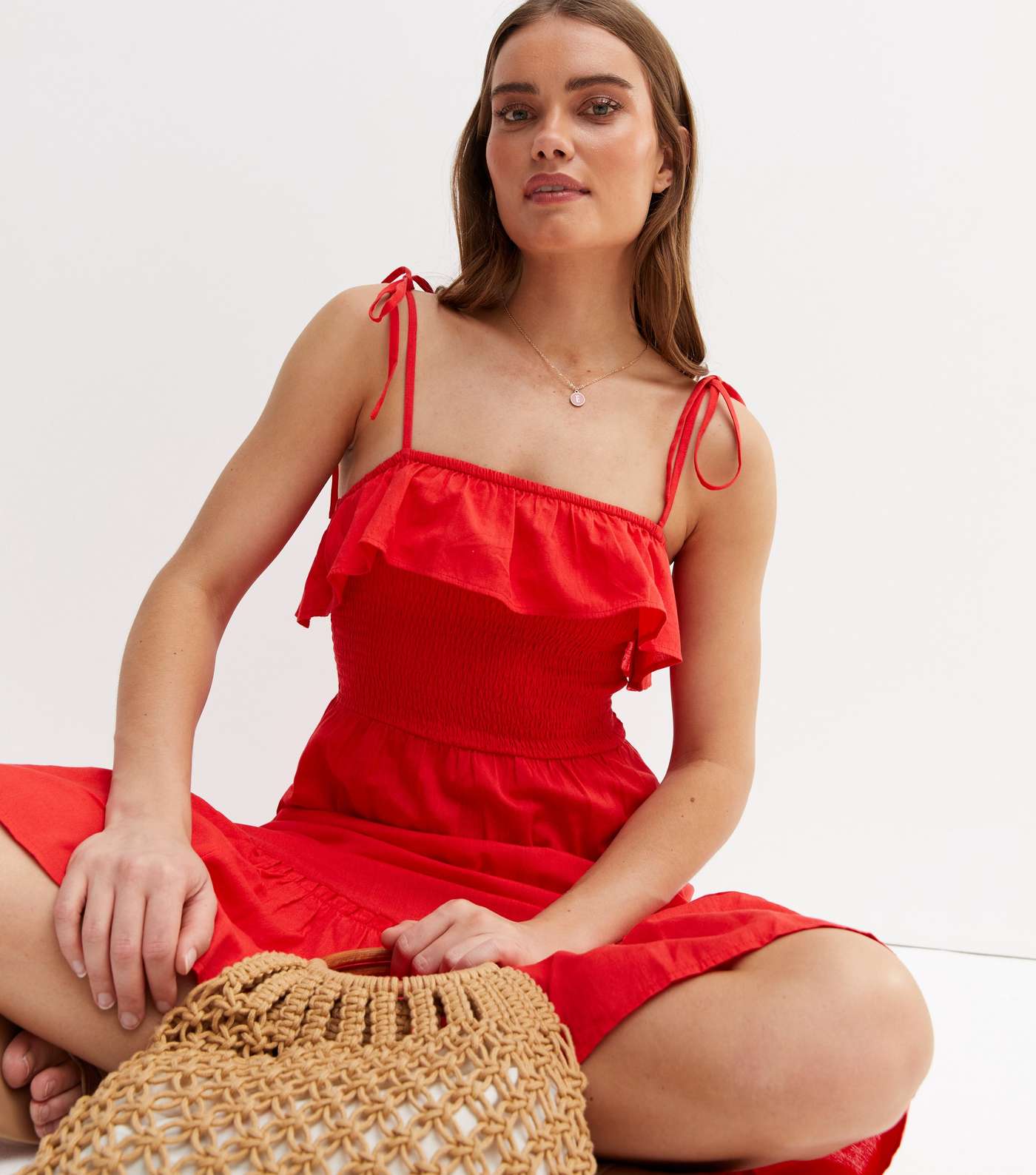 Red Linen-Look Shirred Frill Strappy Tiered Midi Dress Image 2