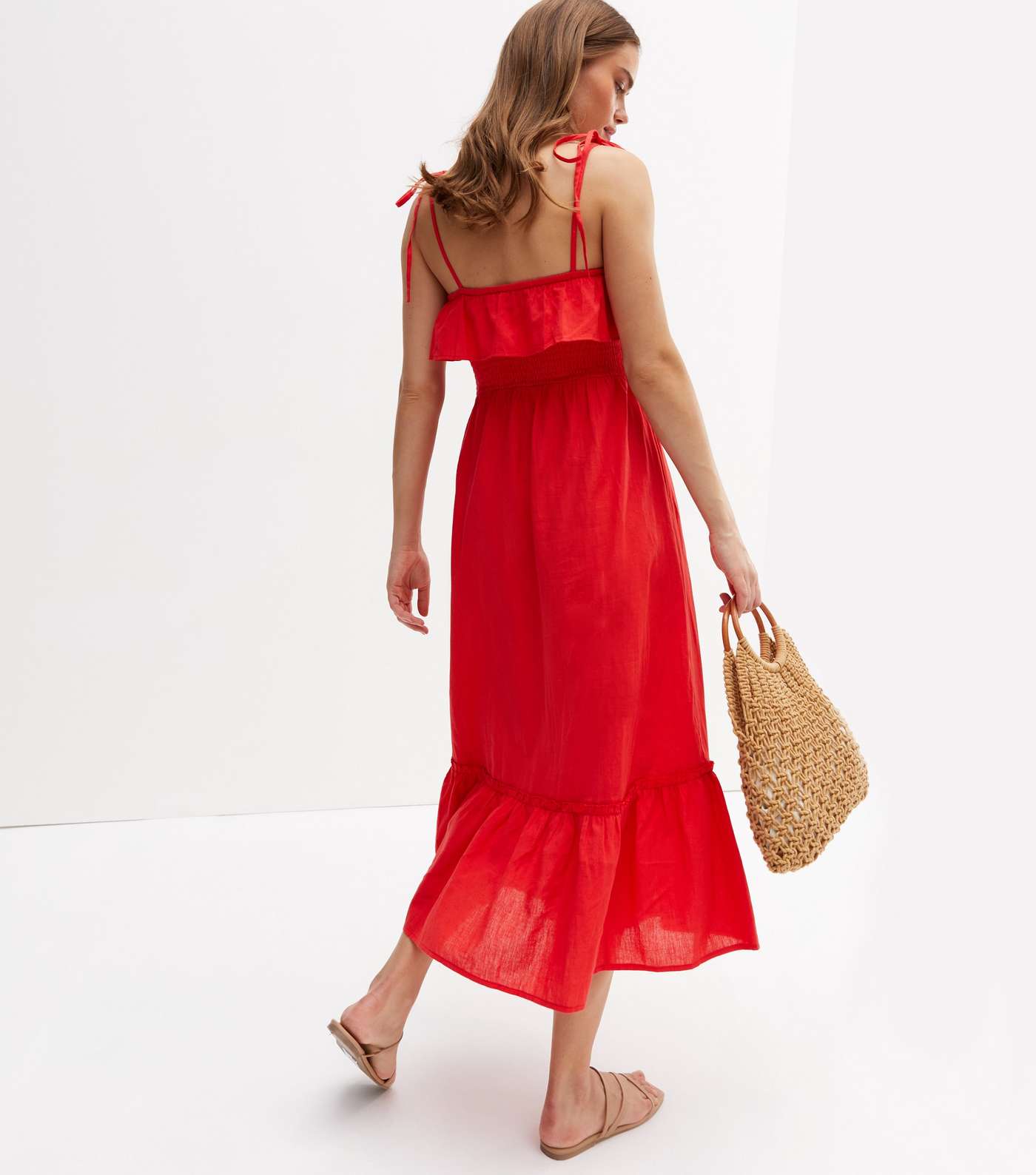 Red Linen-Look Shirred Frill Strappy Tiered Midi Dress Image 4