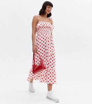 Click to view product details and reviews for Red Spot Shirred Frill Tiered Midi Dress New Look.