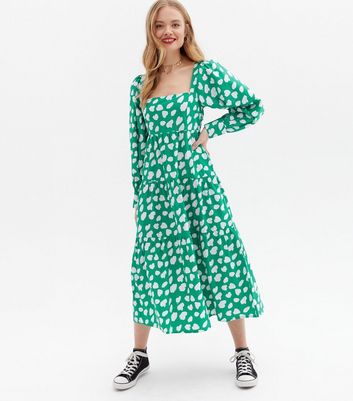 Green Spot Poplin Square Neck Midaxi Dress New Look