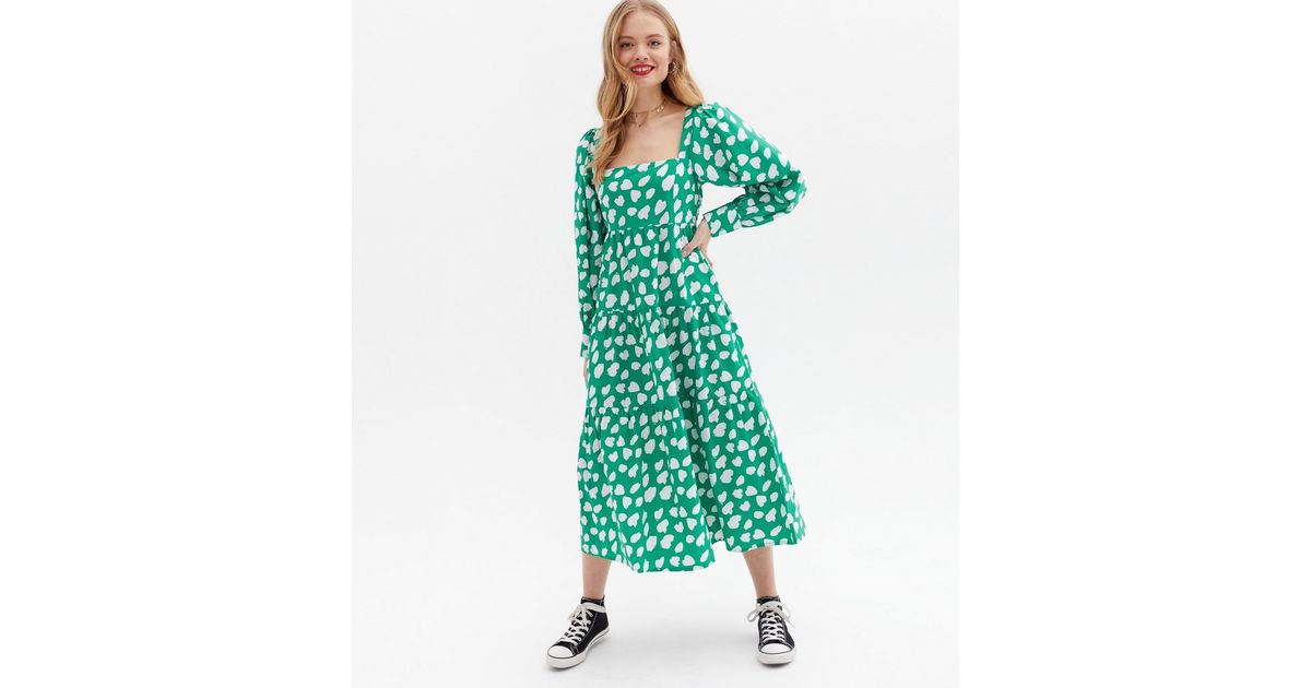 Green Spot Poplin Square Neck Midaxi Dress | New Look