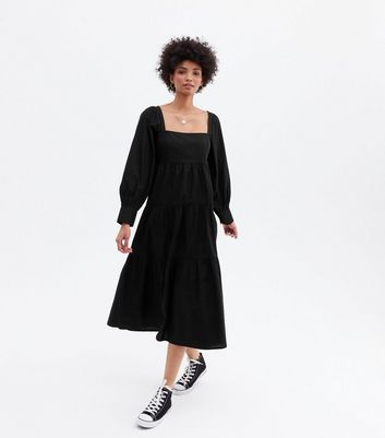 Black Poplin Square Neck Tiered Midaxi Dress New Look