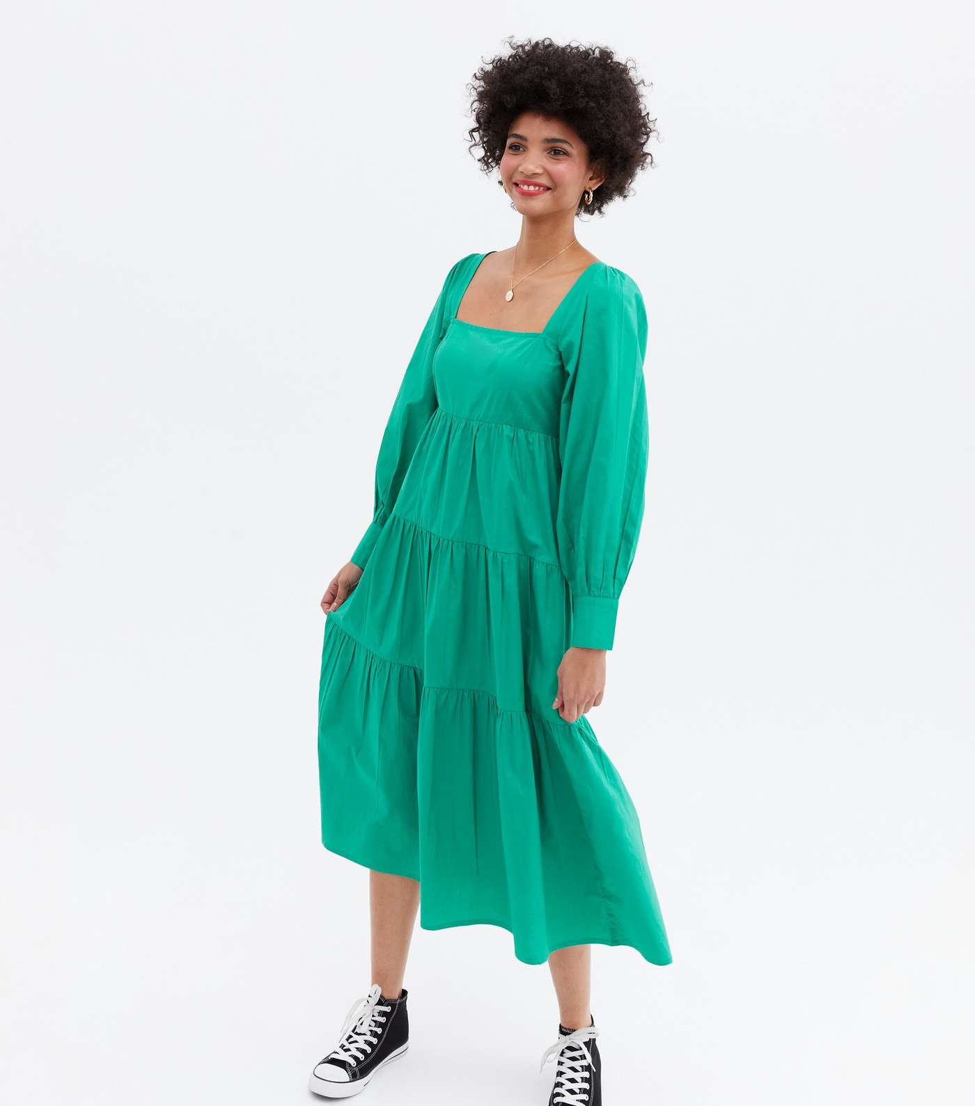 Green Poplin Square Neck Tiered Midaxi Dress Image 4