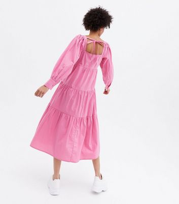 Bright Pink Poplin Square Neck Tiered Midaxi Dress New Look