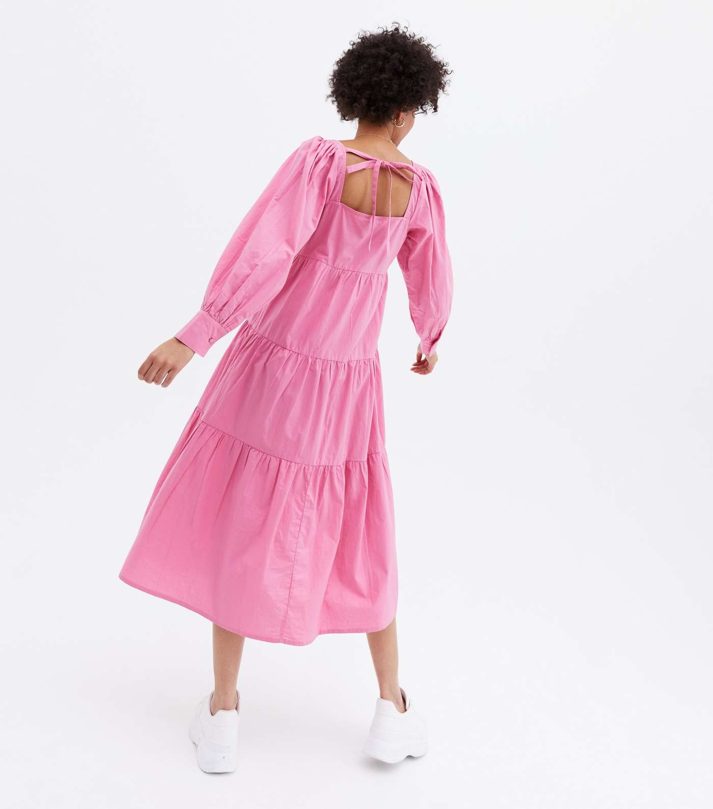 Bright Pink Poplin Square Neck Tiered Midaxi Dress Image 2