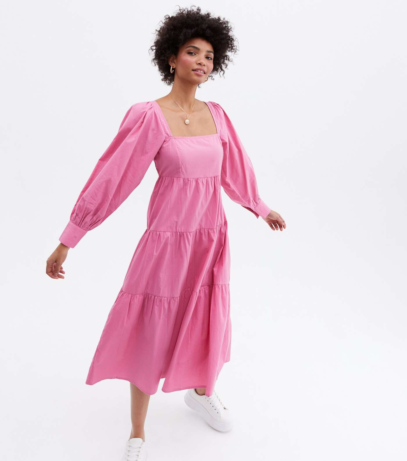 Bright Pink Poplin Square Neck Tiered Midaxi Dress Image 4