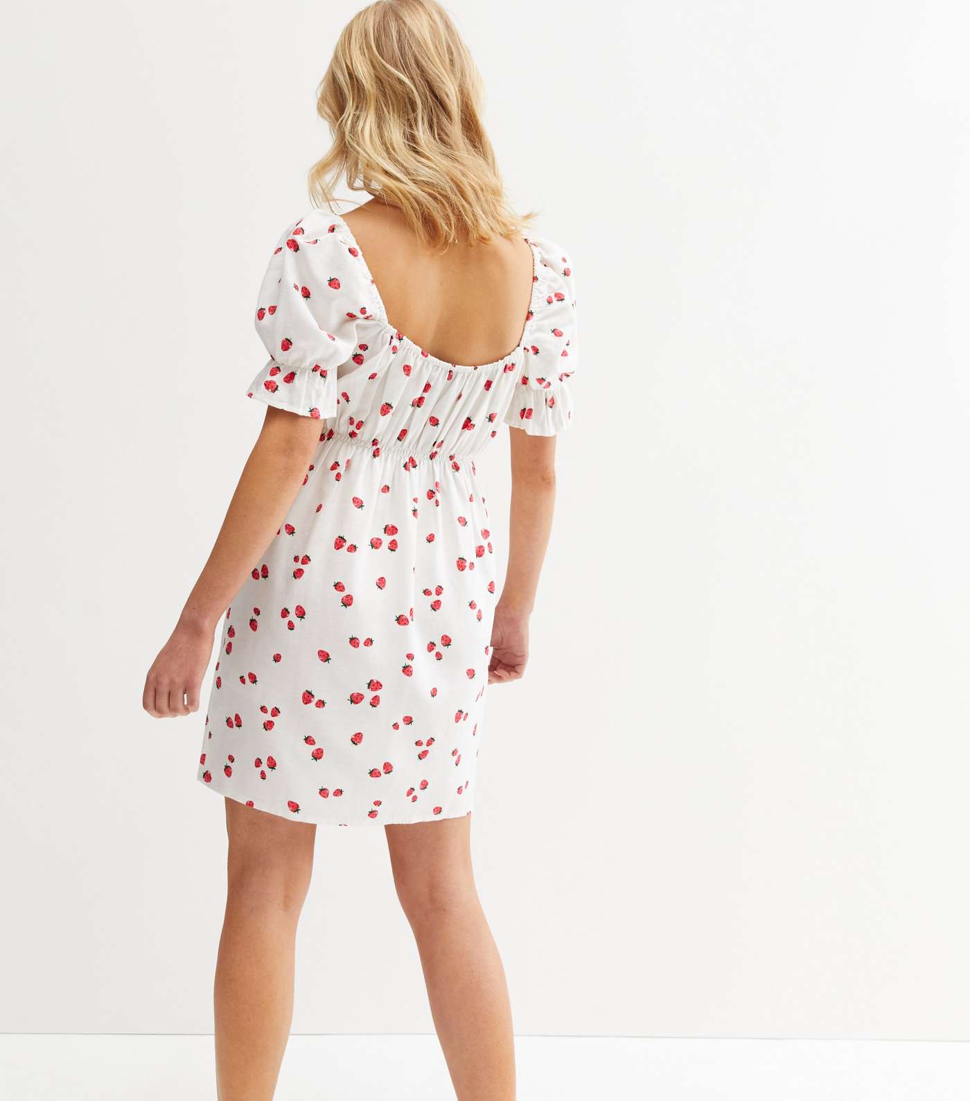 White Linen-Look Strawberry Mini Dress Image 4