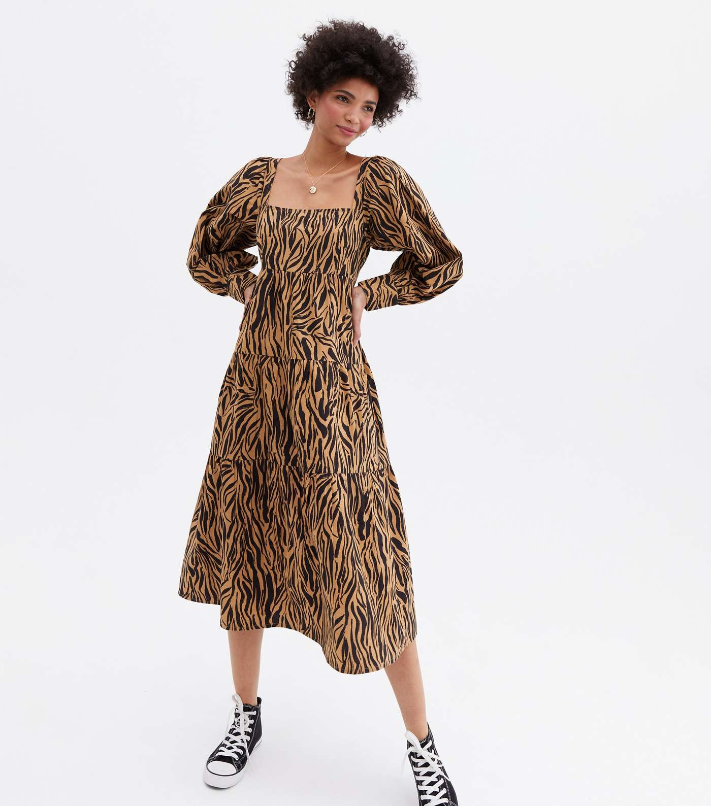 Brown Zebra Print Poplin Square Neck Midaxi Dress Image 2