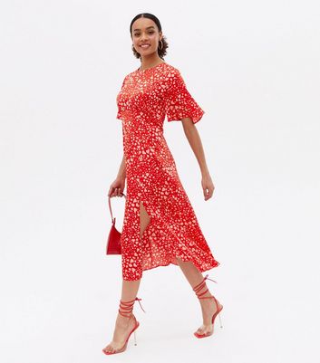 Red Heart Satin Split Hem Midi Dress 