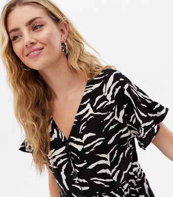 Black Zebra Button Front Mini Smock Dress New Look