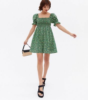 Green Ditsy Floral Shirred Square Neck Mini Dress New Look