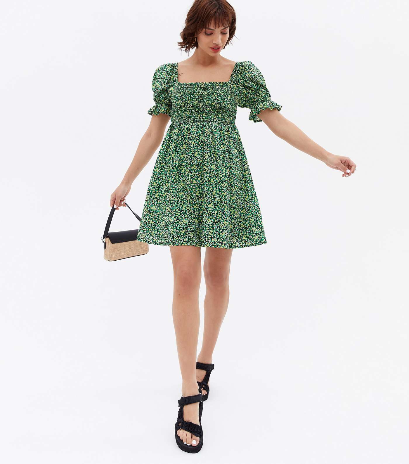 Green Ditsy Floral Shirred Square Neck Mini Dress Image 2