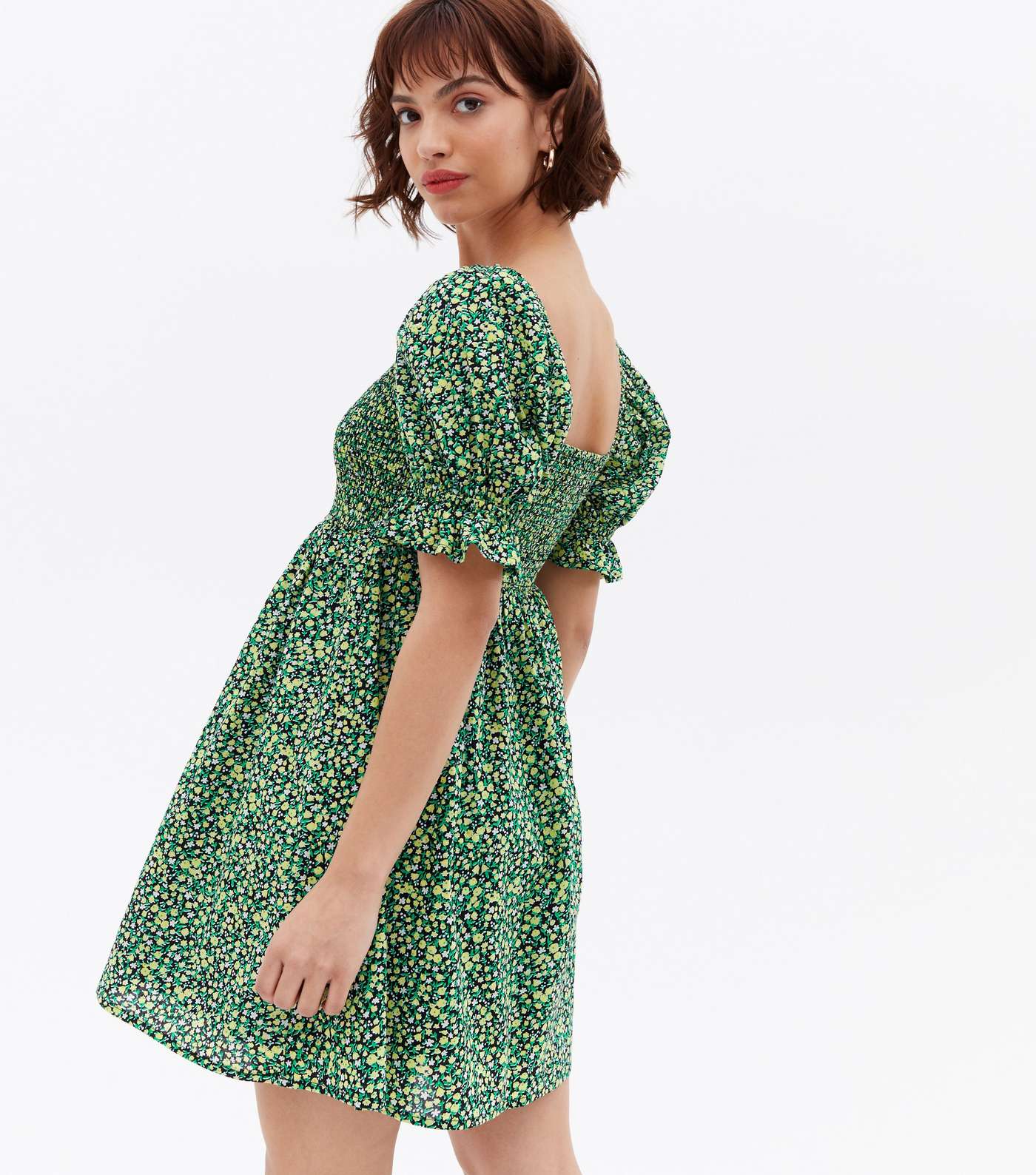 Green Ditsy Floral Shirred Square Neck Mini Dress Image 4