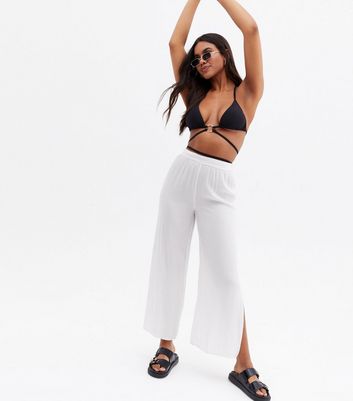 White Crinkle Wide Leg Split Hem 