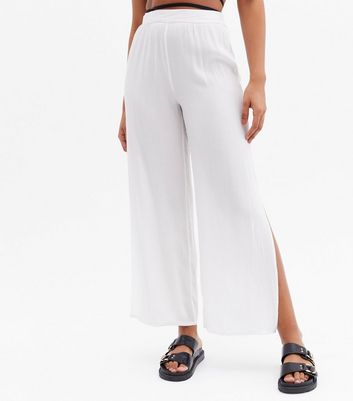 White Crinkle Wide Leg Split Hem 