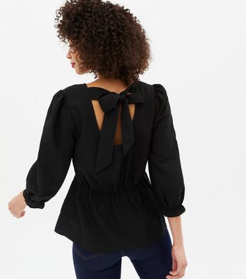 Tall Black Textured Tie Back Peplum Blouse New Look