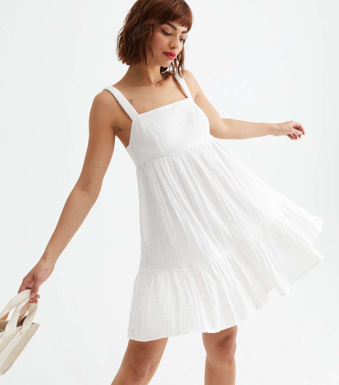White Seersucker Tiered Mini Dress