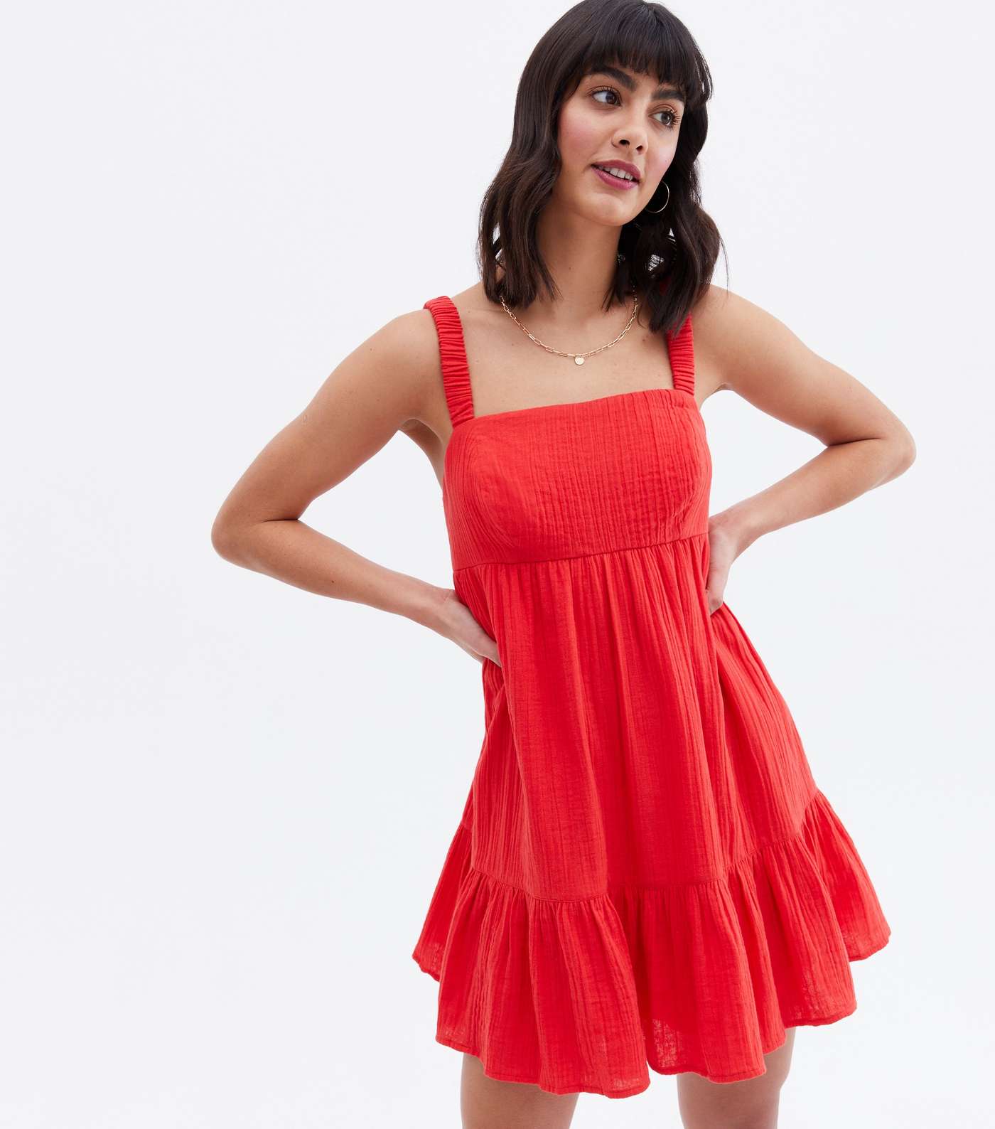 Red Seersucker Tiered Mini Dress