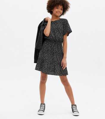 Girls Black Spot Shirred Waist Frill Dress